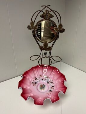 Antique/Victorian Brides Basket with Painted Ruffled Milk Glass Bowl and Brass